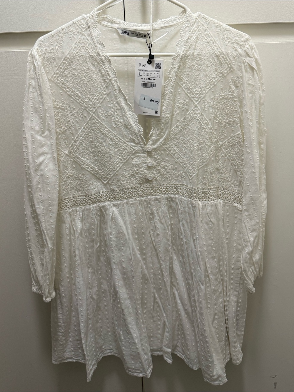Zara White Embroidered V-Neck Peasant Dress